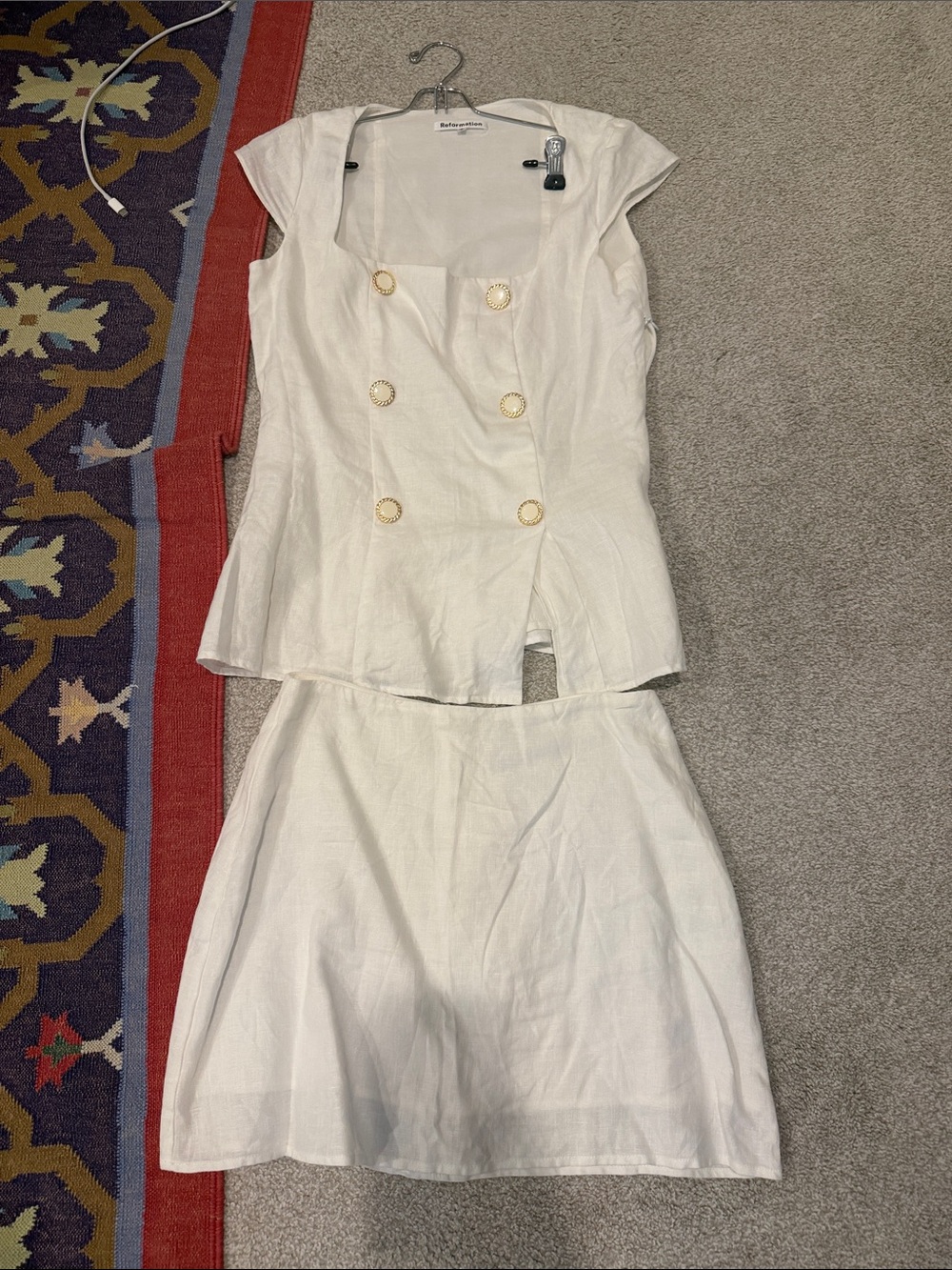 Reformation Cream Two-Piece Linen Skirt Set with Gold Buttons